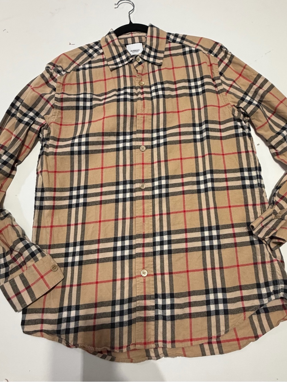 Burberry Tan Plaid Button-Down Shirt with Black & Red Trim